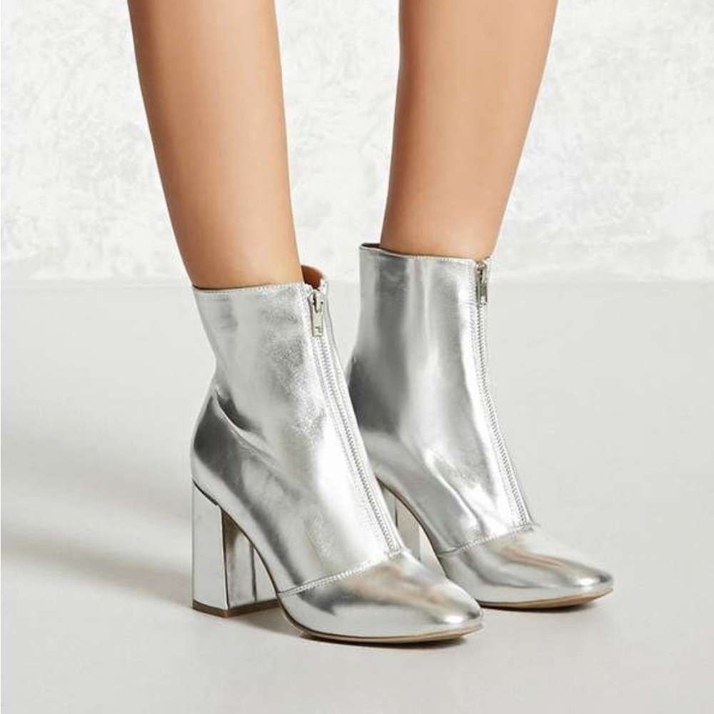 Forever 21 Metallic Faux Leather Silver Ankle Boots